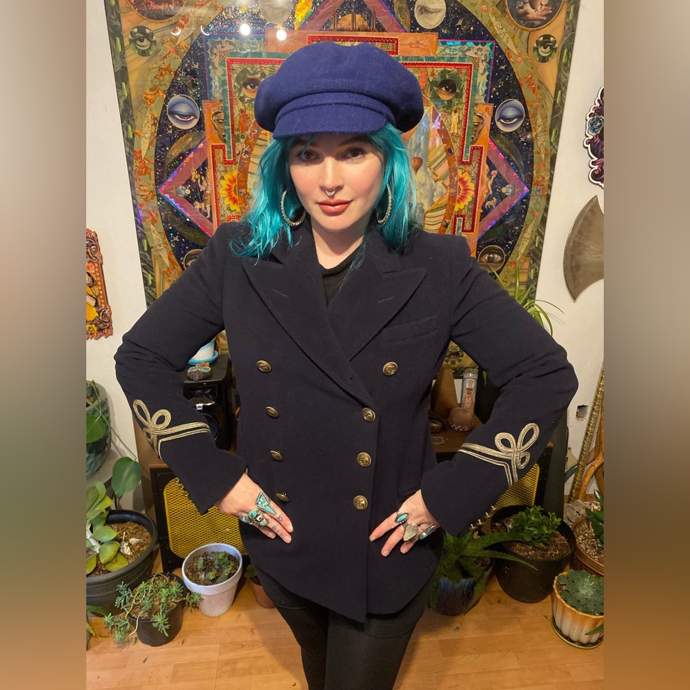 Wool and Cashmere Navy Blue Pea Coat With Nautical and Military Style Adornments